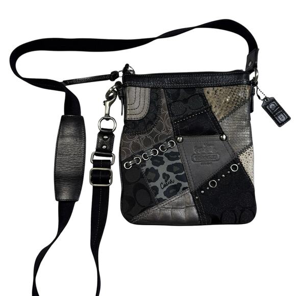 Coach Patchwork Animal Print Safari Adjustable Leather Black Crossbody Bag Y2K - Picture 1 of 9